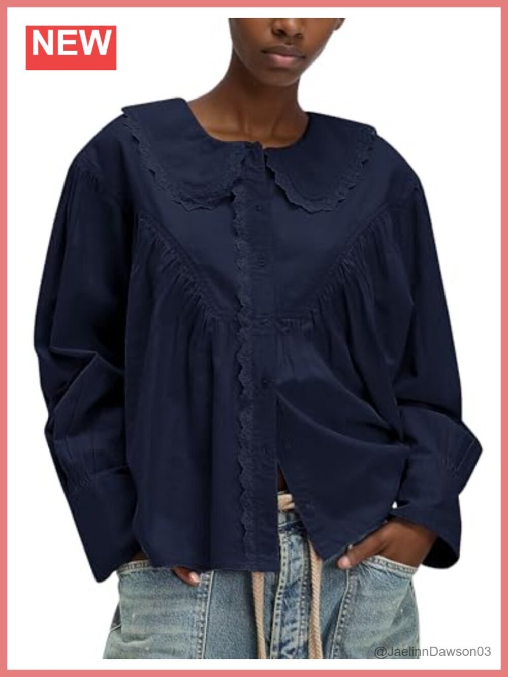 Cotton Peter Pan Collar Button Down Shirt Lace Trim Blouse